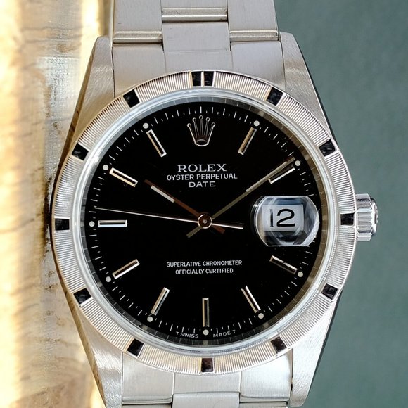ROLEX DATE BLACK INDEX DIAL STAINLESSSTEEL ENGINE TURNED OYSTER WATCH 34MM 15210 - Picture 1 of 10